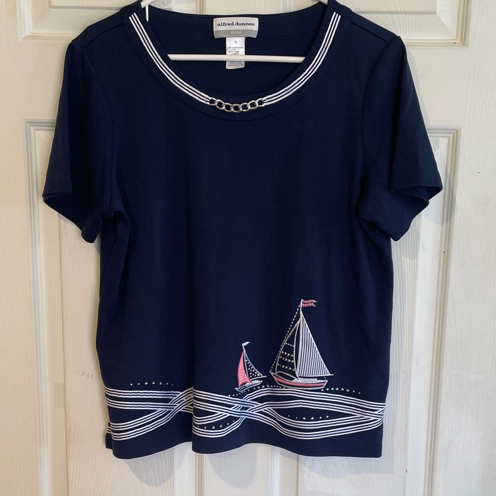 Alfred Dunner Size PL Navy  Tee with Sailboat Design